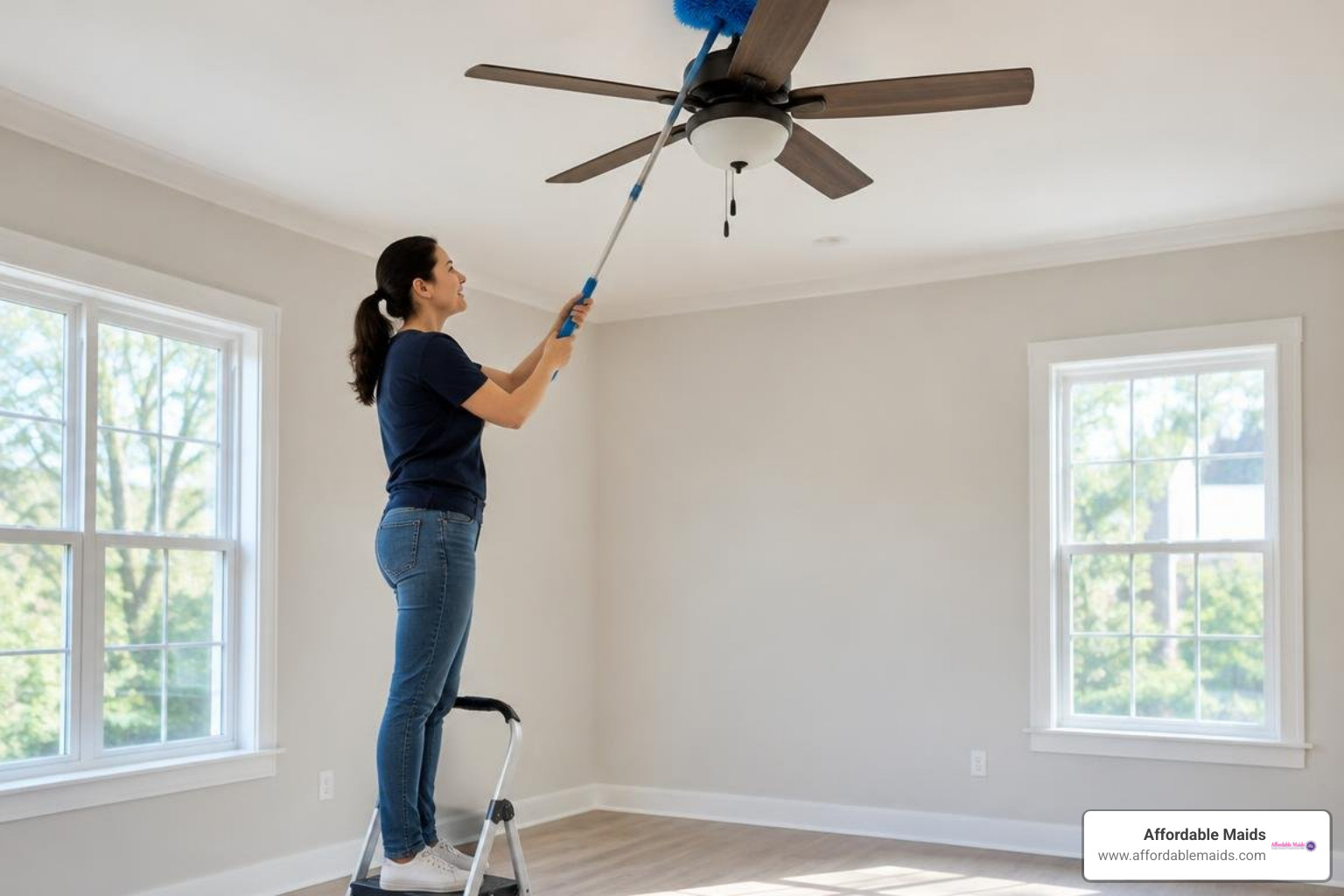 Cleaning high light fixtures and ceiling fans in an empty room Cleaning high light fixtures and ceiling fans in an empty room