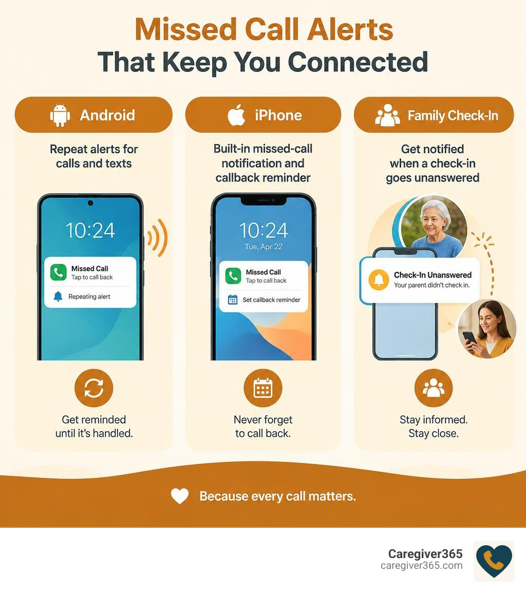 Comparison of Android repeat alerts, iPhone callback reminders, and family check-in alerts infographic