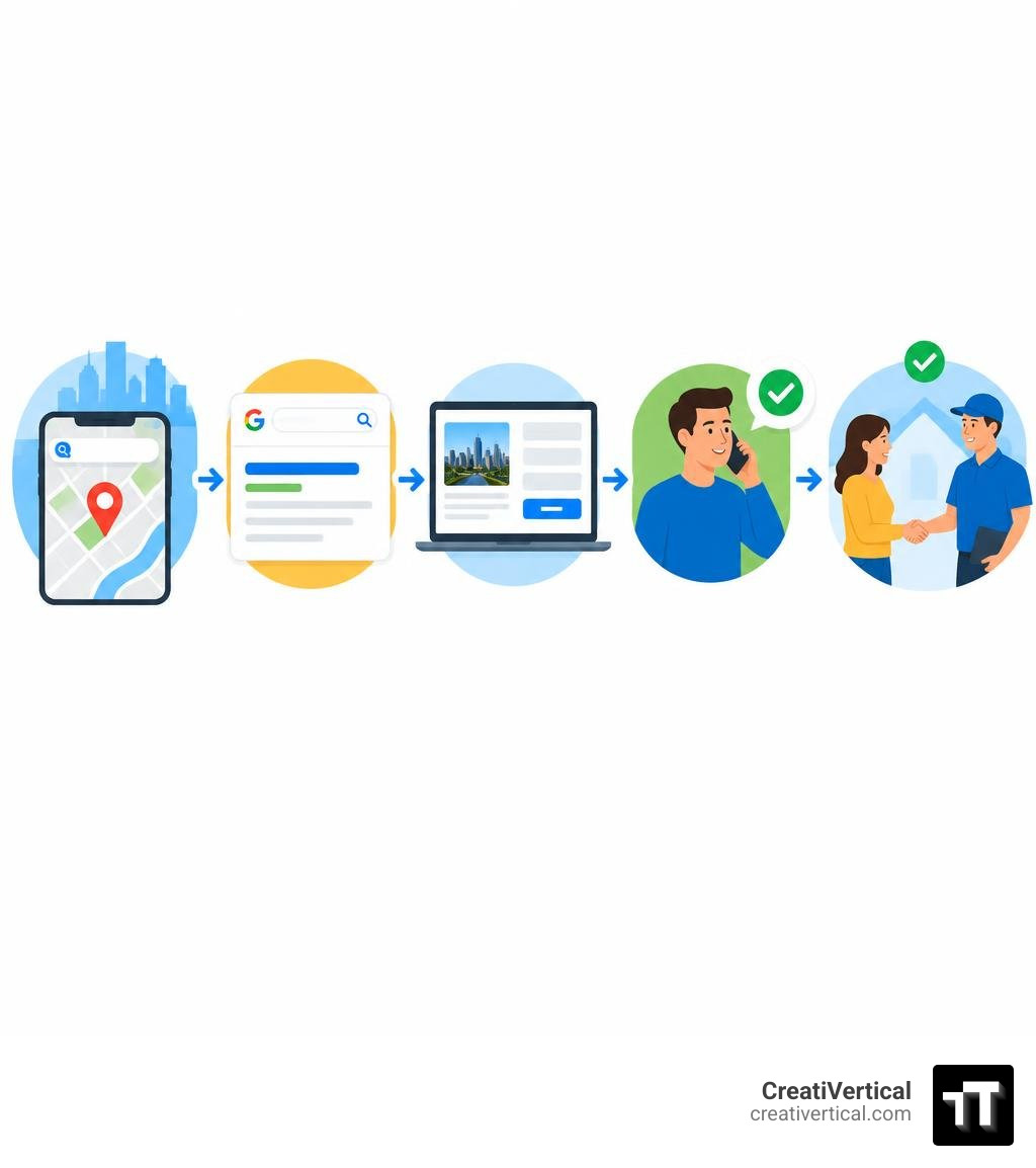 Text-free infographic of local search, targeted ad, landing page, qualified lead, and booked customer infographic