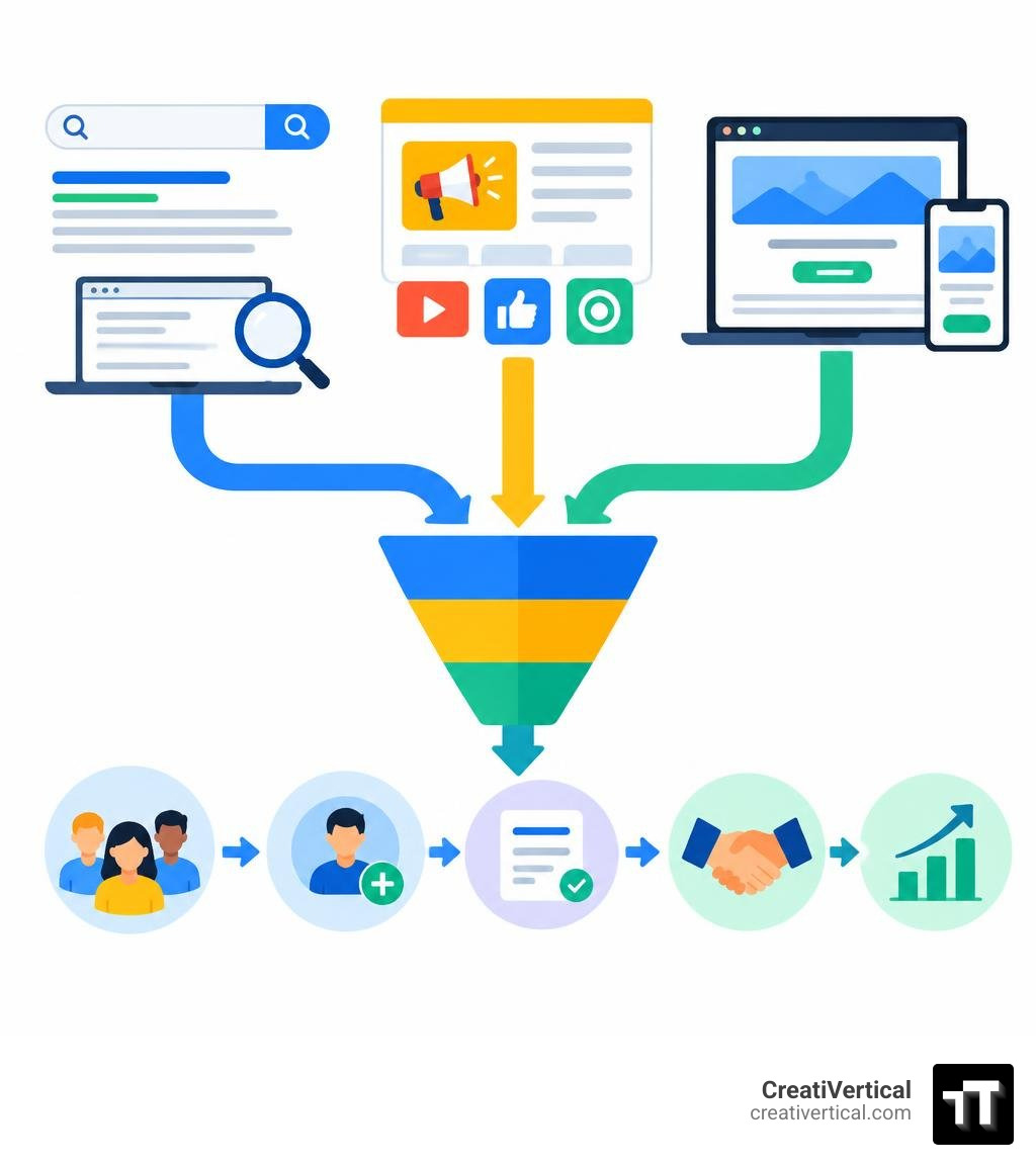 Visual comparison of search, paid ads, and website tools connected to a sales pipeline, no text infographic Visual comparison of search, paid ads, and website tools connected to a sales pipeline, no text infographic