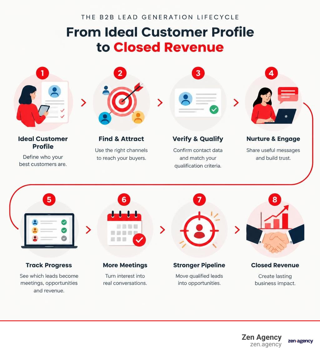 Infographic showing the B2B lead generation lifecycle from ideal customer profile to closed revenue infographic Infographic showing the B2B lead generation lifecycle from ideal customer profile to closed revenue infographic