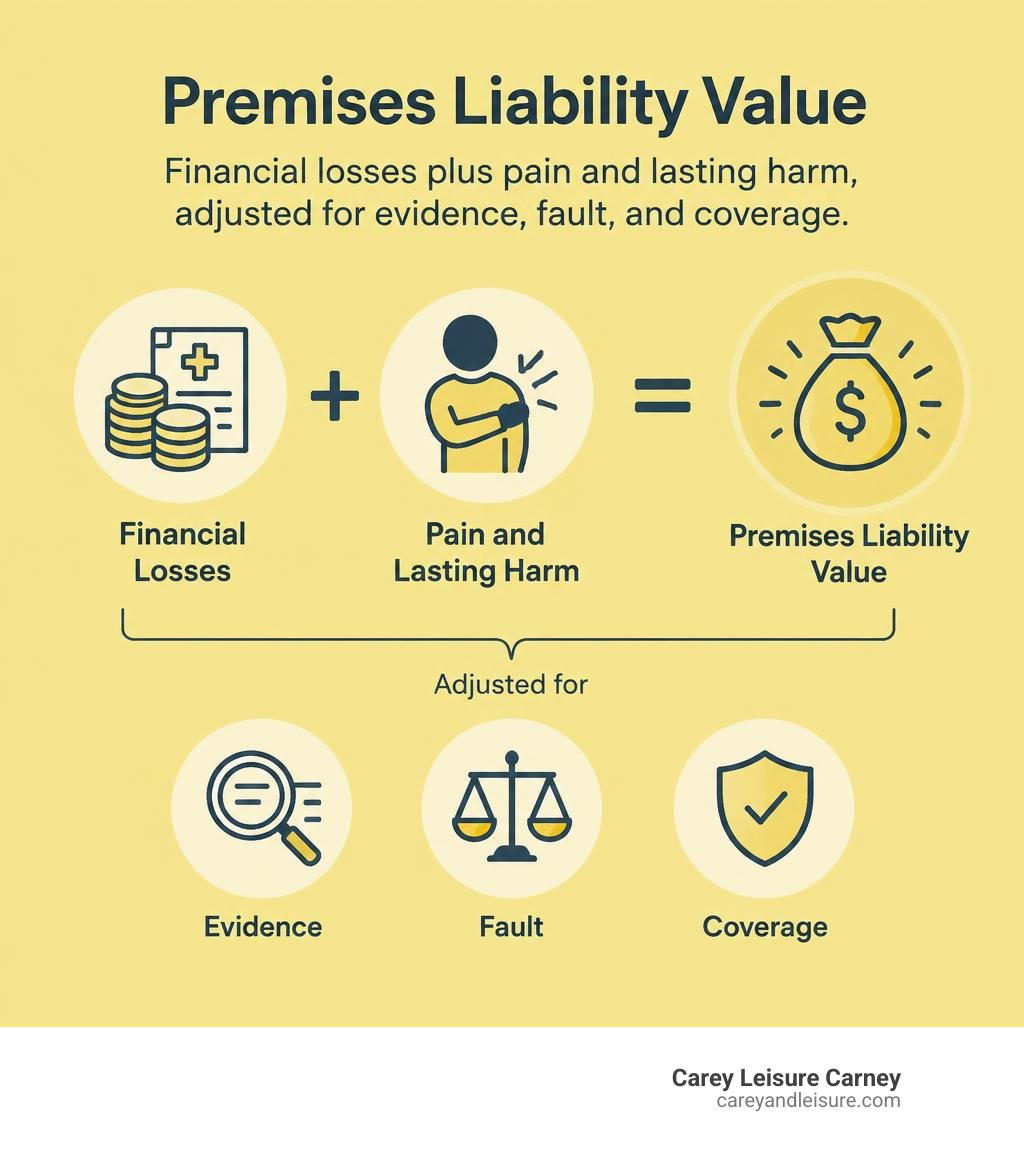 Premises liability value: financial losses plus pain and lasting harm, adjusted for evidence, fault, and coverage infographic