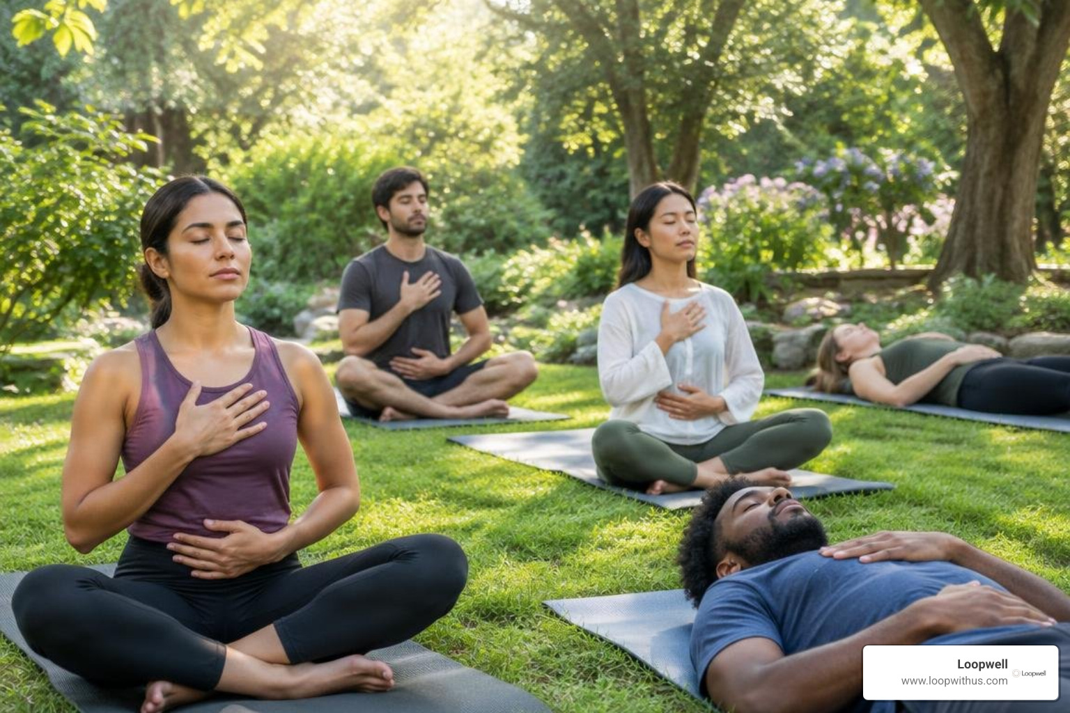 diverse adults participating in an outdoor somatic breathwork session in a garden diverse adults participating in an outdoor somatic breathwork session in a garden
