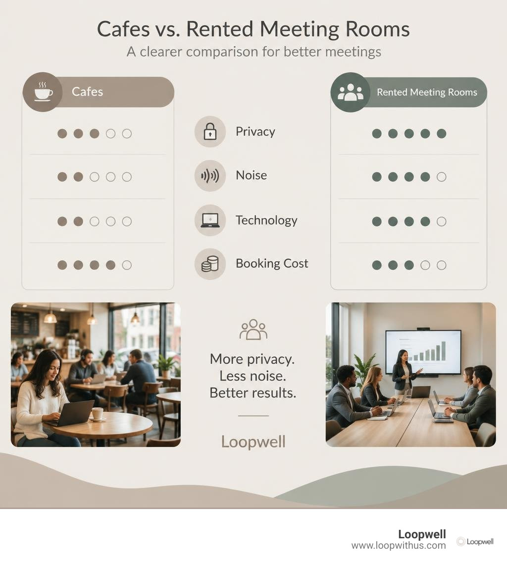 Comparison of cafes and rented meeting rooms by privacy, noise, technology, and booking cost infographic
