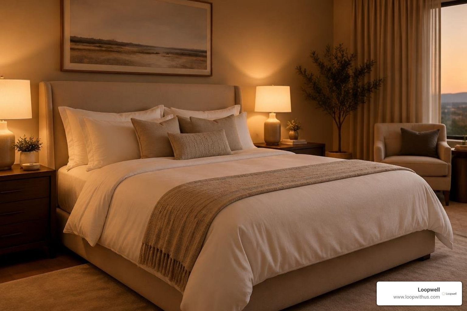 luxurious tranquil bedroom interior with dim warm amber lighting luxurious tranquil bedroom interior with dim warm amber lighting