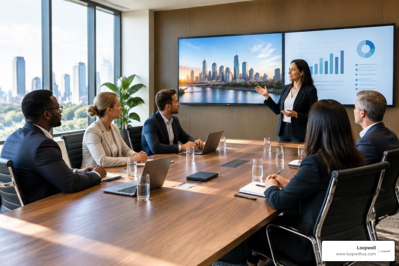 modern executive conference room with integrated presentation displays and ergonomic seating