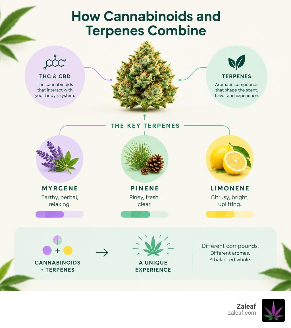 How cannabinoids and terpenes combine, with myrcene, pinene, and limonene as comparison points infographic