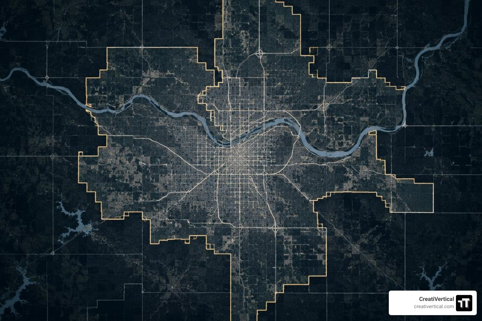 Symmetrical blueprint map showing precise geographic boundary overlays without any text