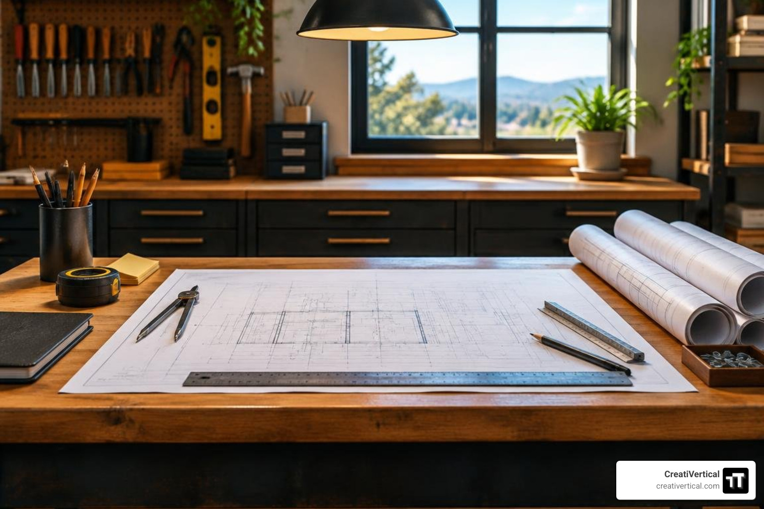 Clean workshop desk with modern tools and architectural blueprints, balanced composition Clean workshop desk with modern tools and architectural blueprints, balanced composition