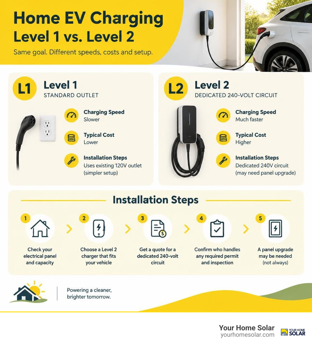 Level 1 versus Level 2 home charging speed, costs, and installation steps infographic Level 1 versus Level 2 home charging speed, costs, and installation steps infographic