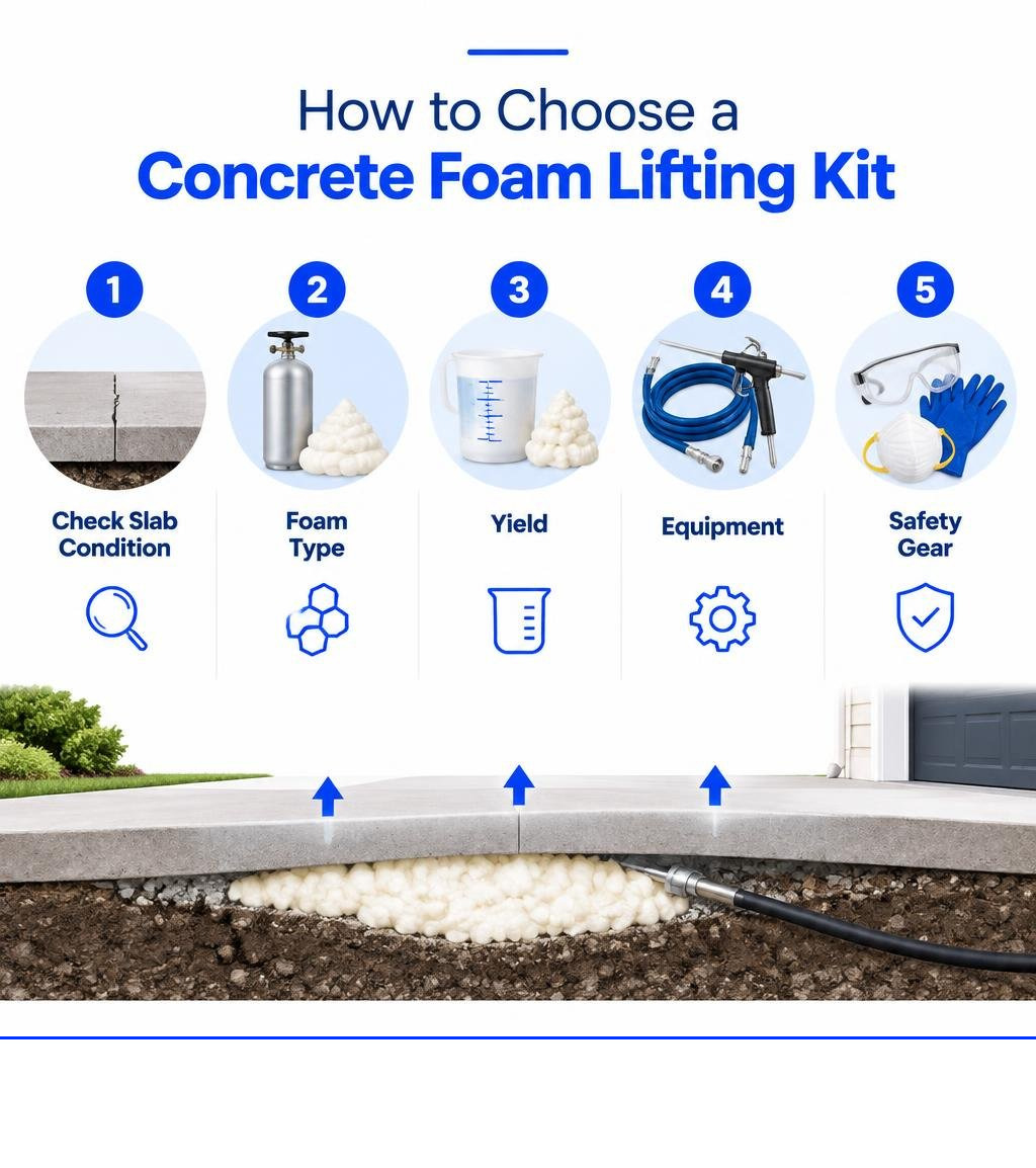 How to choose a concrete foam lifting kit: check slab condition, foam type, yield, equipment, and safety gear infographic How to choose a concrete foam lifting kit: check slab condition, foam type, yield, equipment, and safety gear infographic