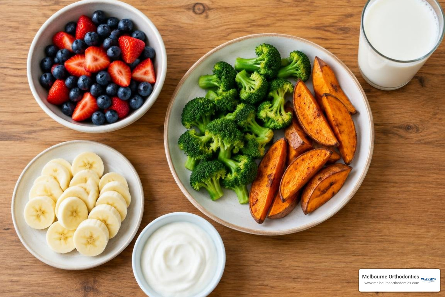 colorful braces-safe meal preparation with soft foods and fruit