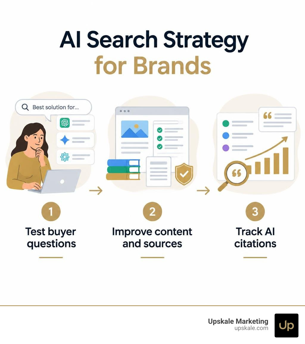 AI search strategy for brands: test buyer questions, improve content and sources, track AI citations infographic