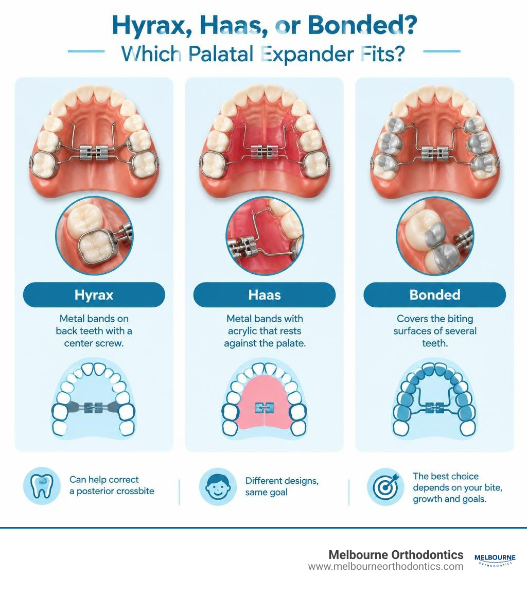 Comparison of Hyrax metal bands, Haas palatal acrylic, and bonded tooth coverage infographic Comparison of Hyrax metal bands, Haas palatal acrylic, and bonded tooth coverage infographic