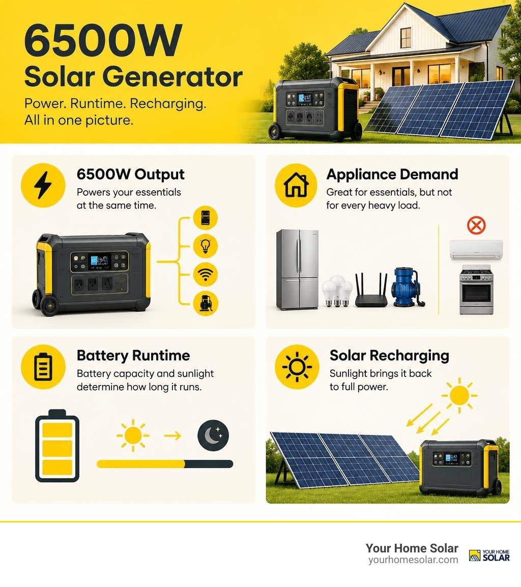 Infographic comparing 6500W output, appliance demand, battery runtime, and solar recharging infographic Infographic comparing 6500W output, appliance demand, battery runtime, and solar recharging infographic