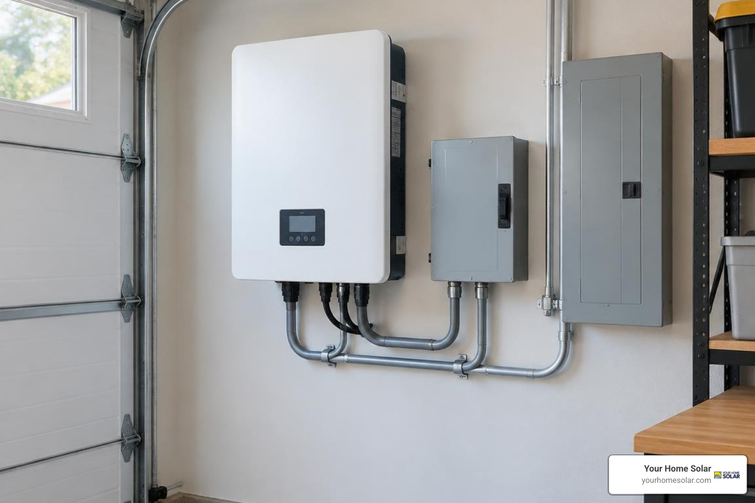 Clean installation showing wall-mounted solar inverter with transfer switch and conduit wiring Clean installation showing wall-mounted solar inverter with transfer switch and conduit wiring