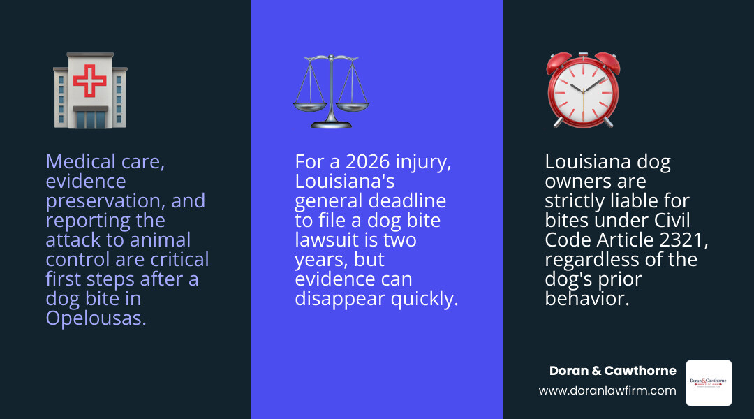Opelousas dog attack claims: seek care, preserve evidence, assess liability and check filing deadlines infographic Opelousas dog attack claims: seek care, preserve evidence, assess liability and check filing deadlines infographic
