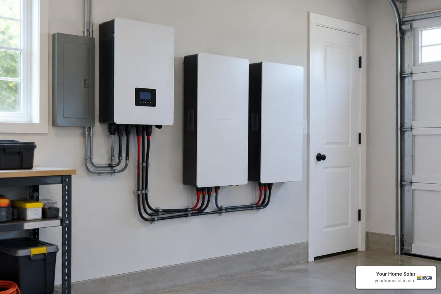 Hybrid solar inverter mounted next to a wall-mounted LiFePO4 battery bank Hybrid solar inverter mounted next to a wall-mounted LiFePO4 battery bank