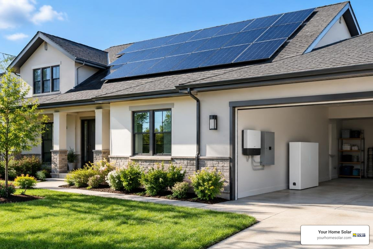 Complete residential solar system setup including panels, inverter, and battery storage Complete residential solar system setup including panels, inverter, and battery storage