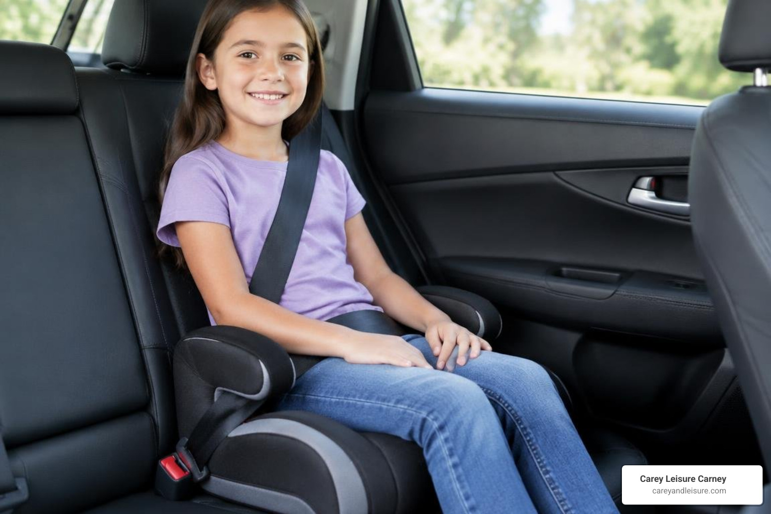 Proper booster seat installation secured in vehicle rear seat