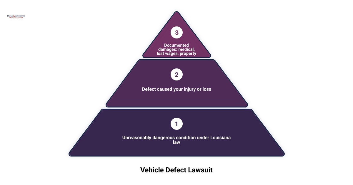 Louisiana vehicle defect claim: unsafe condition, connection to injury, and documented losses infographic Louisiana vehicle defect claim: unsafe condition, connection to injury, and documented losses infographic