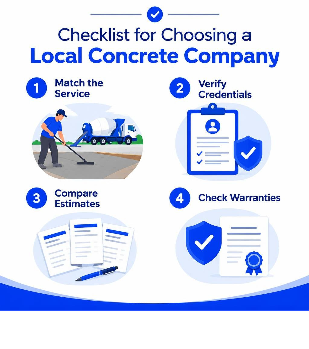 Checklist for choosing a local concrete company: match the service, verify credentials, compare estimates and warranties Checklist for choosing a local concrete company: match the service, verify credentials, compare estimates and warranties