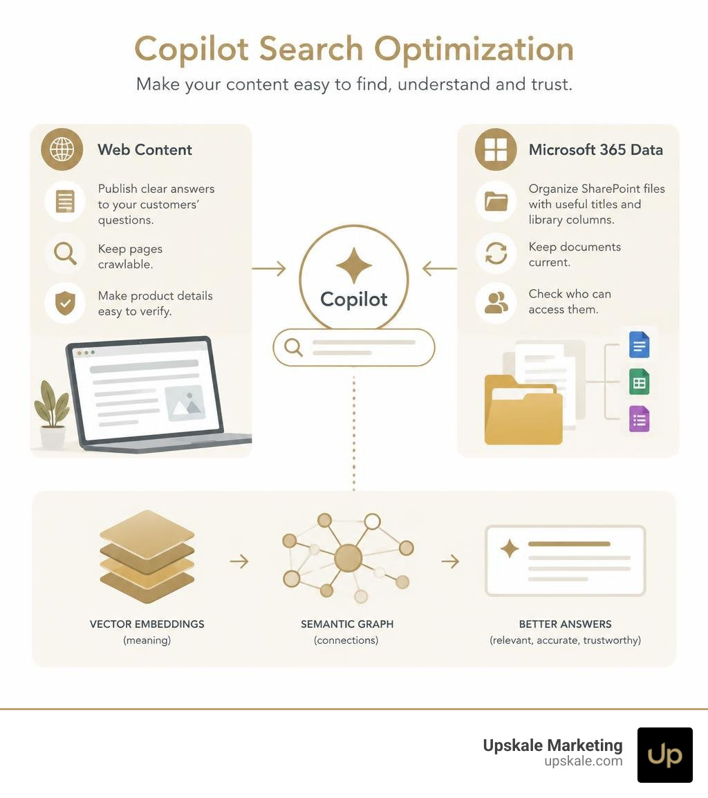 Copilot search optimization steps for web content and Microsoft 365 data infographic