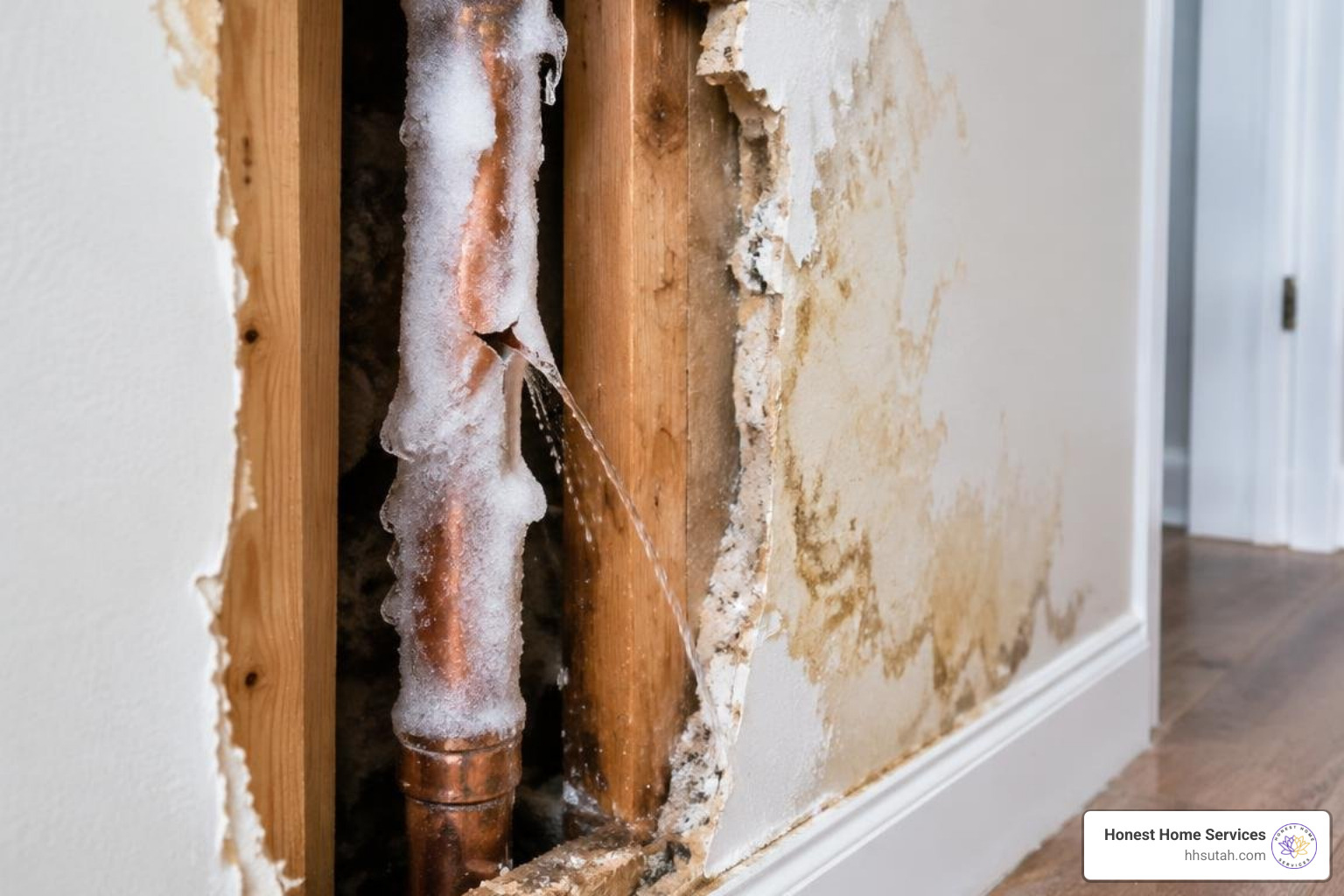 frozen copper pipe burst inside an uninsulated wall