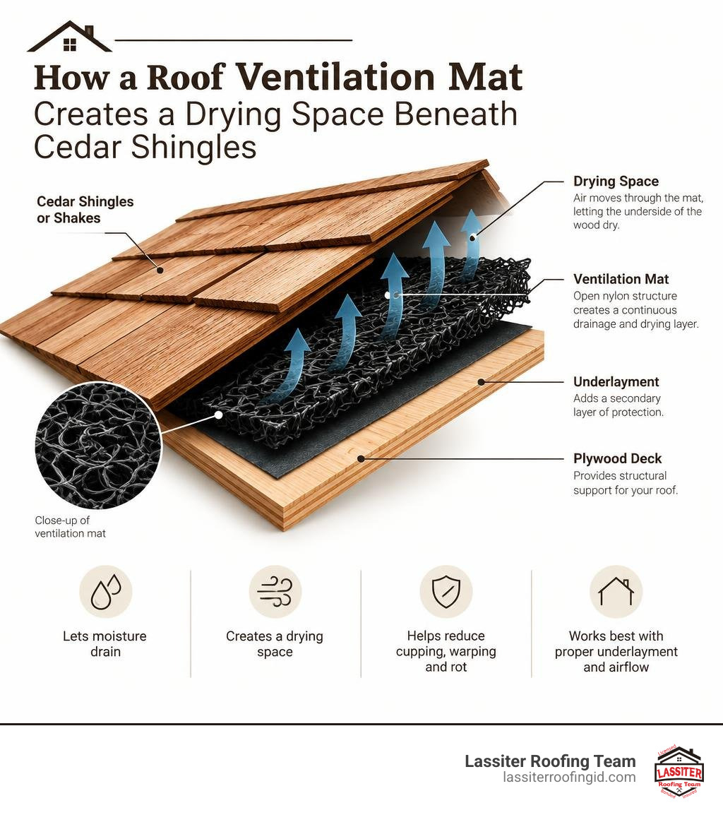 How a roof ventilation mat creates a drying space beneath cedar shingles infographic