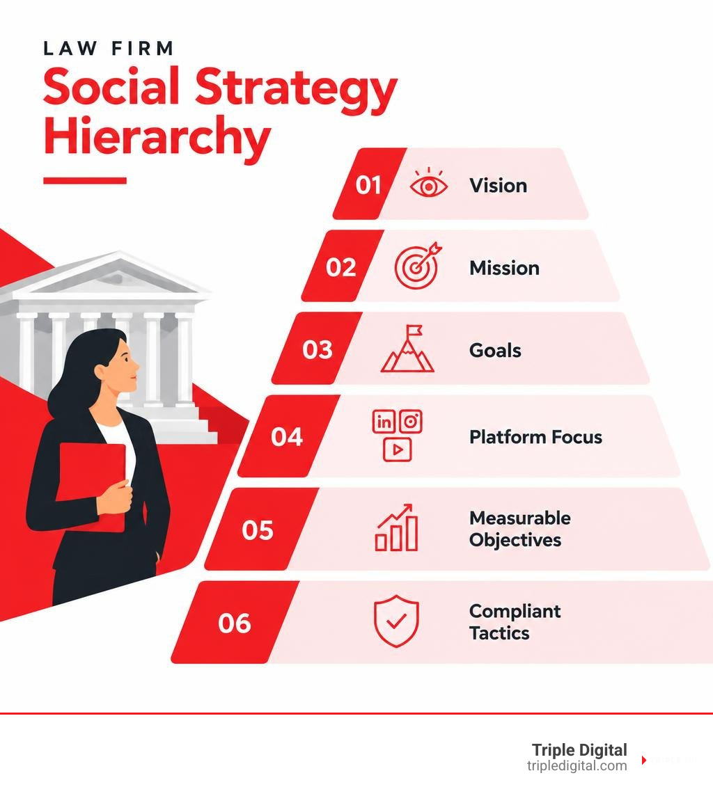 Law firm social strategy hierarchy: vision, mission, goals, platform focus, measurable objectives, and compliant tactics Law firm social strategy hierarchy: vision, mission, goals, platform focus, measurable objectives, and compliant tactics