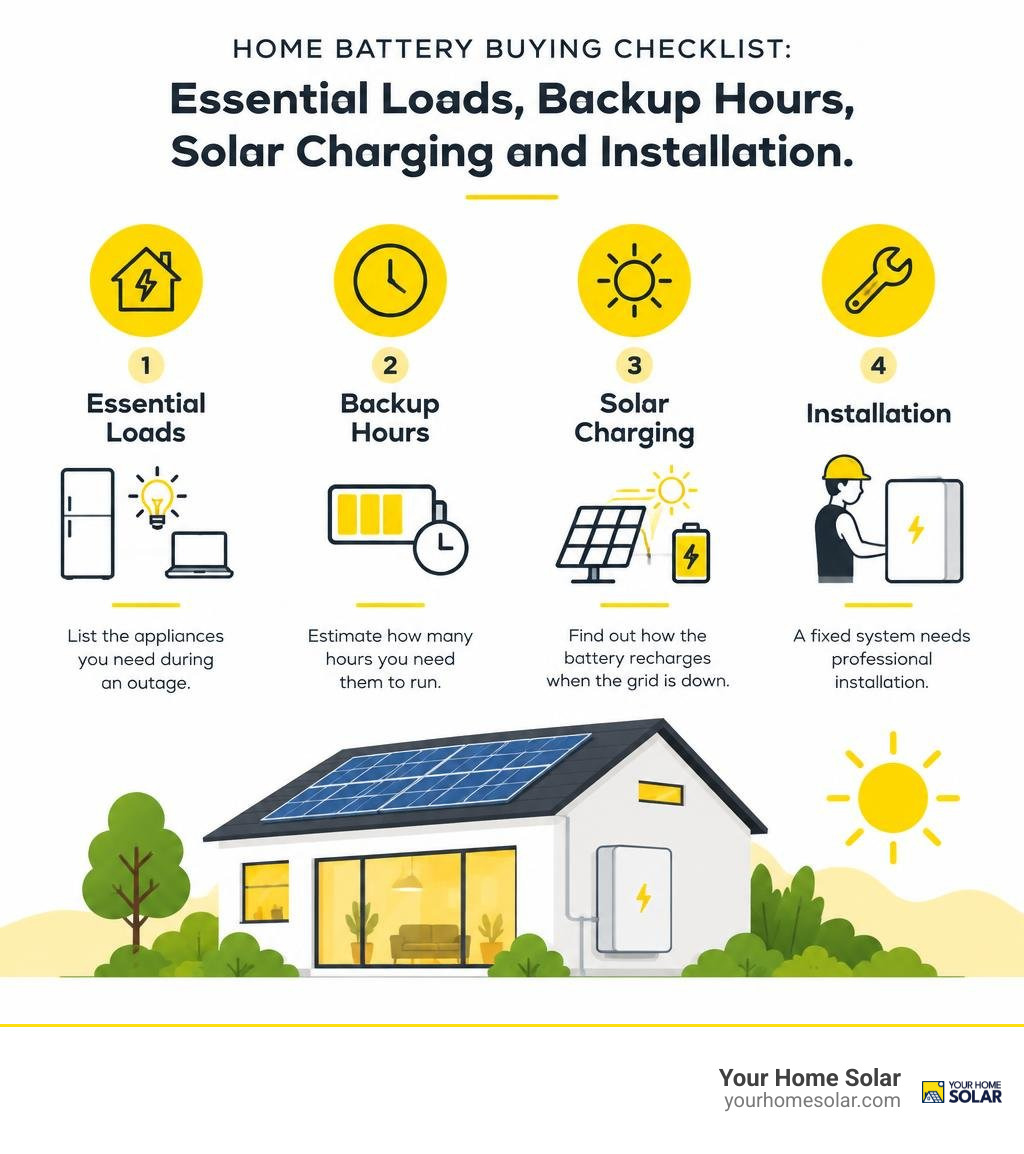 Home battery buying checklist: essential loads, backup hours, solar charging, and installation infographic Home battery buying checklist: essential loads, backup hours, solar charging, and installation infographic
