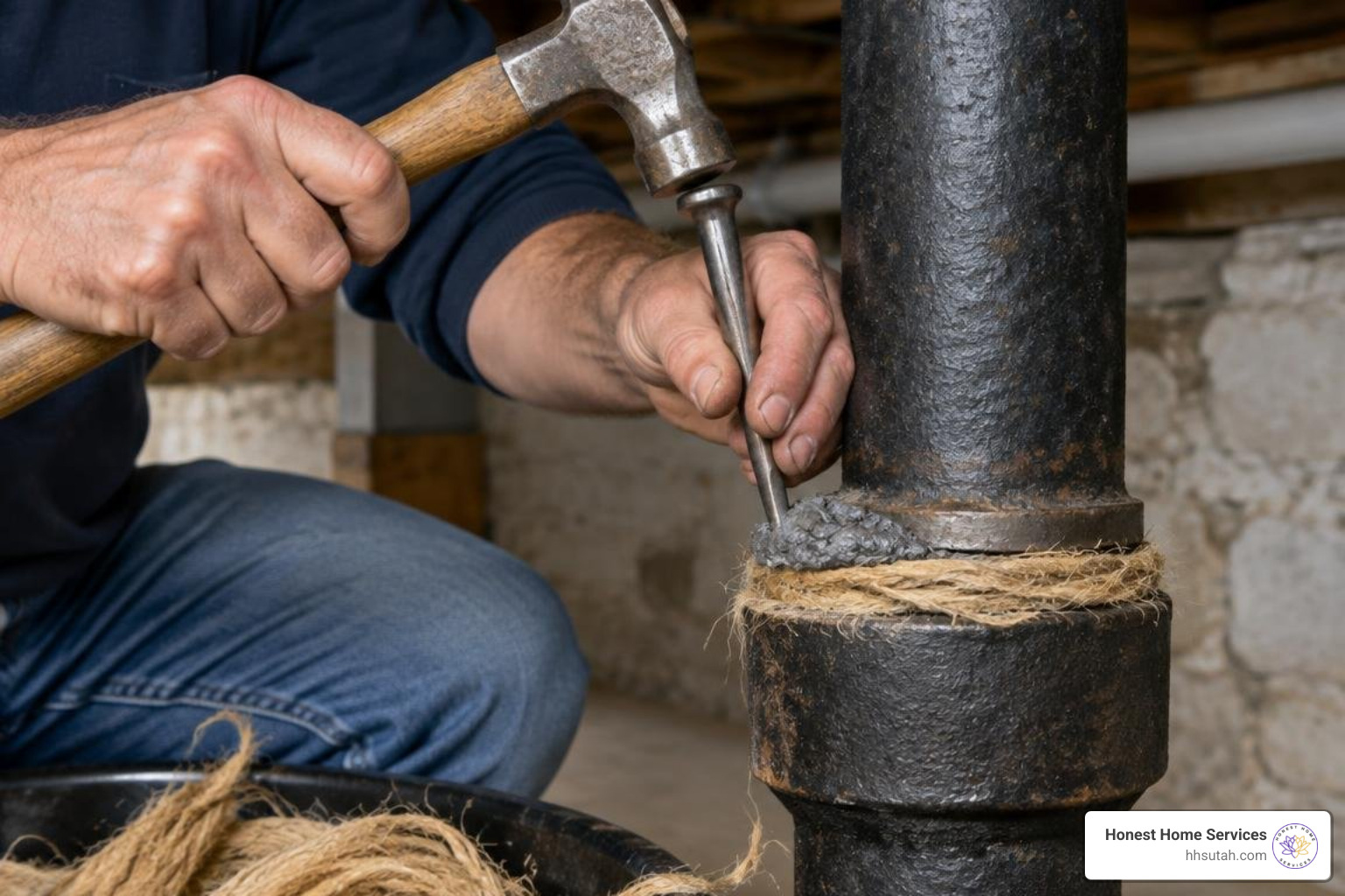 packing oakum and cold-packed lead wool into a cast iron pipe hub packing oakum and cold-packed lead wool into a cast iron pipe hub