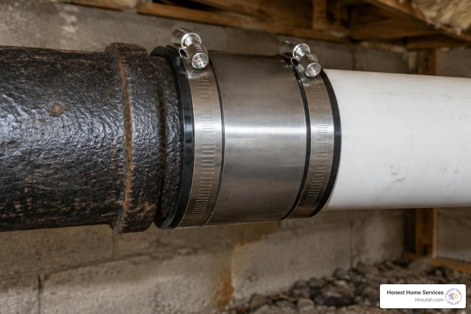 shielded no-hub coupling connecting cast iron pipe to PVC pipe shielded no-hub coupling connecting cast iron pipe to PVC pipe