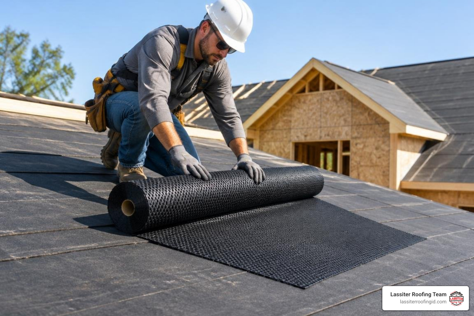 Roofer unrolling ventilation mat across an asphalt felt roof deck