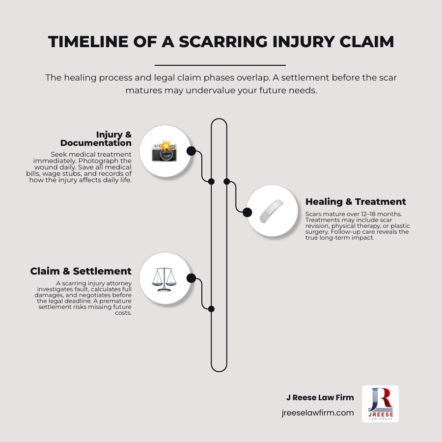 Scar claim timeline showing injury documentation, healing and treatment, claim review, and filing deadlines infographic