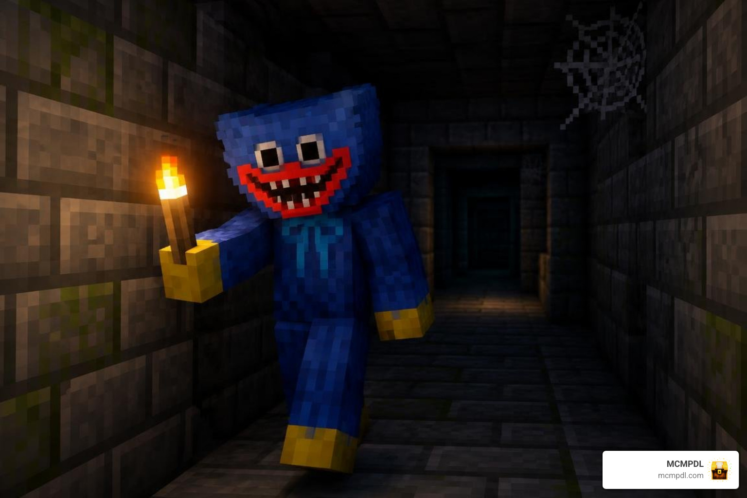 Minecraft player wearing Huggy Wuggy skin exploring a dark corridor