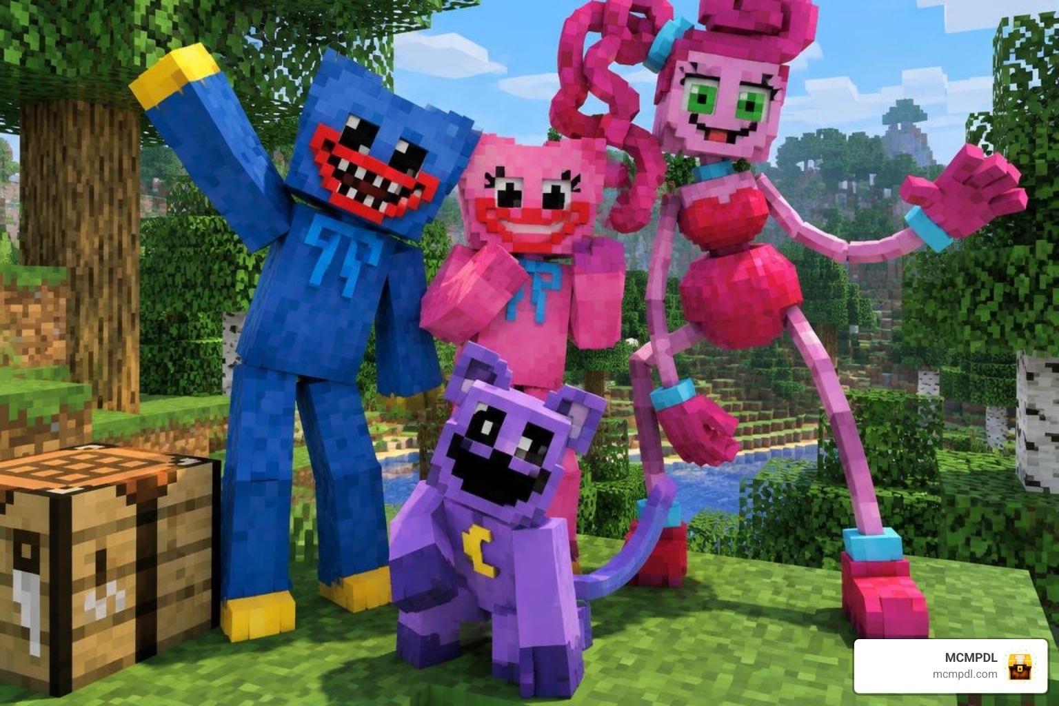 Showcase of Poppy Playtime skins posing in a Minecraft survival world