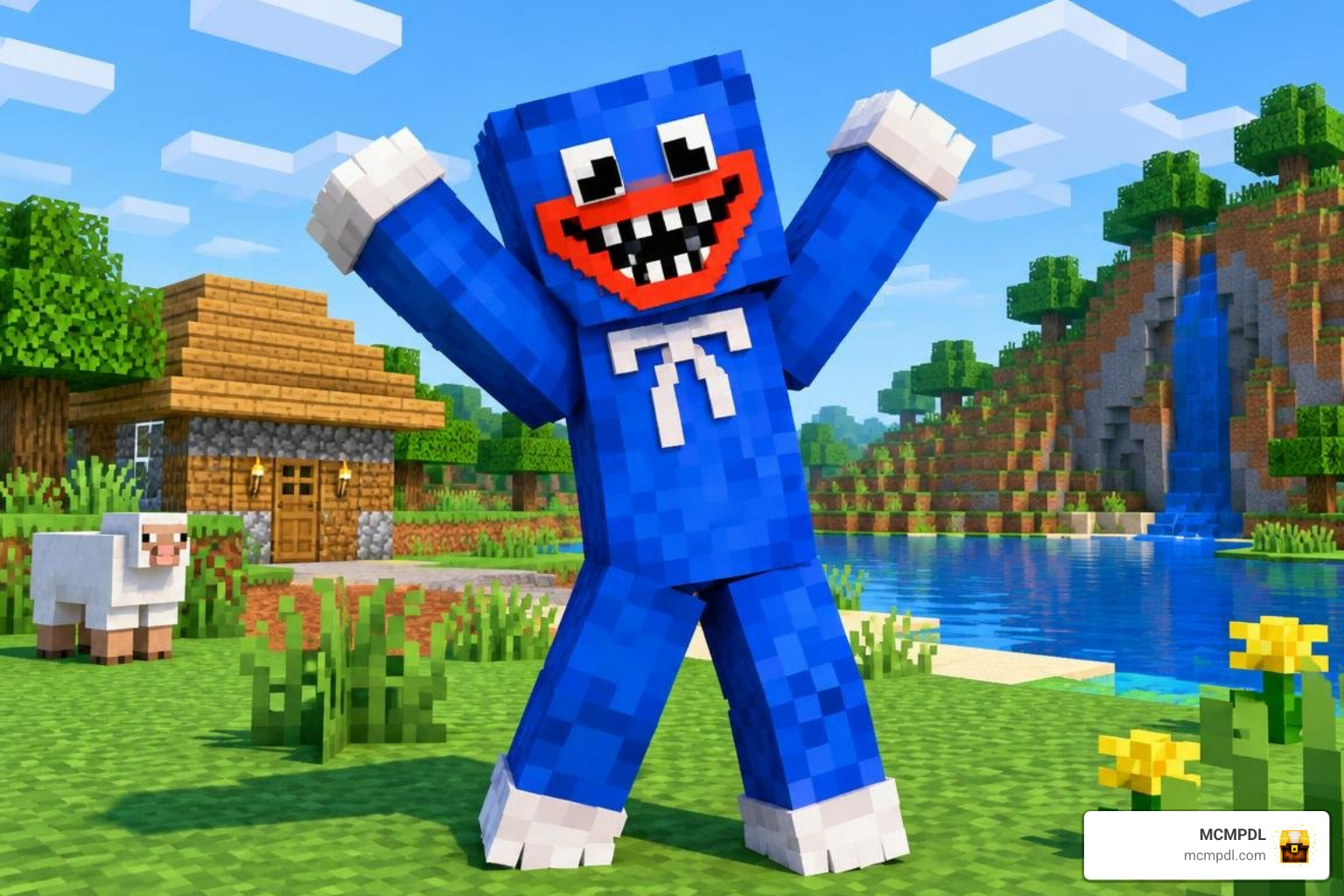 Custom avatar wearing Huggy Wuggy skin posing triumphantly
