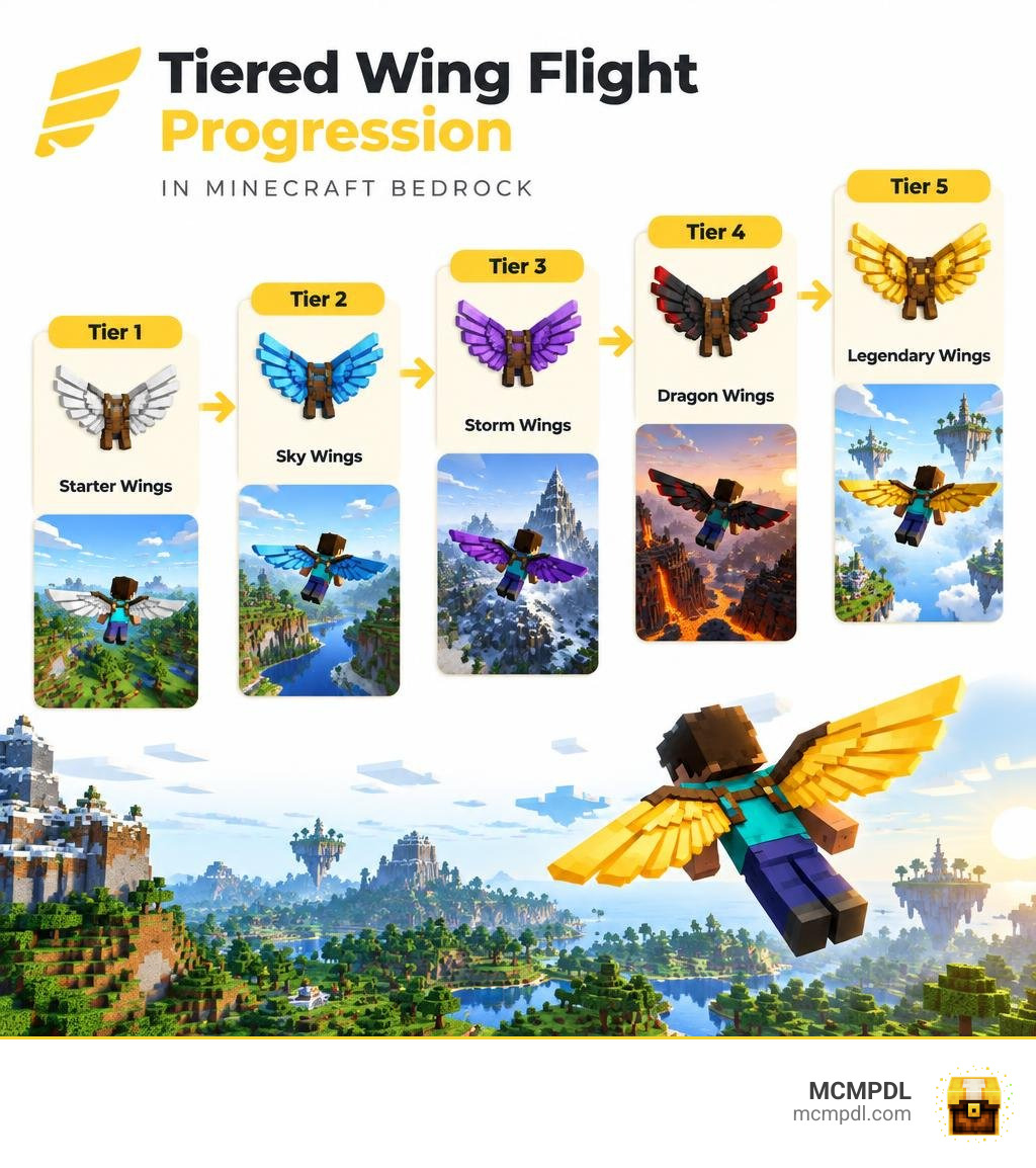 Overview of tiered wing flight progression in Minecraft Bedrock infographic