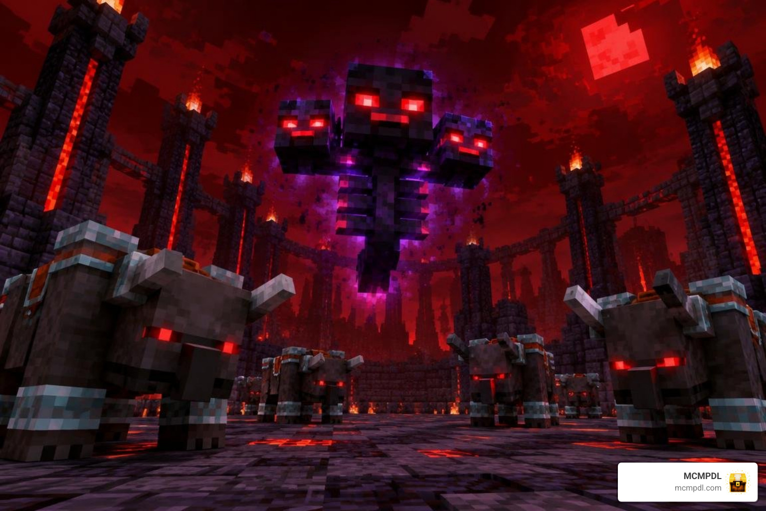 Day 100 Final Boss arena featuring buffed Wither and empowered Ravager mobs Day 100 Final Boss arena featuring buffed Wither and empowered Ravager mobs