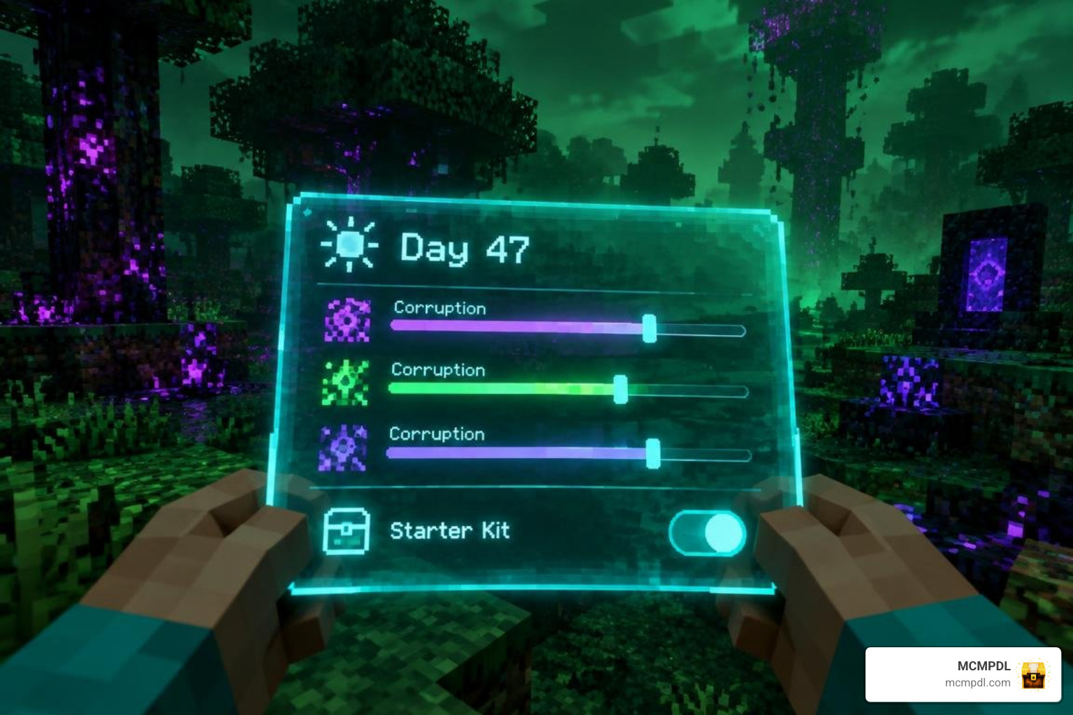 Lucky UI Panel displaying day counter, corruption sliders, and starter kit toggle Lucky UI Panel displaying day counter, corruption sliders, and starter kit toggle