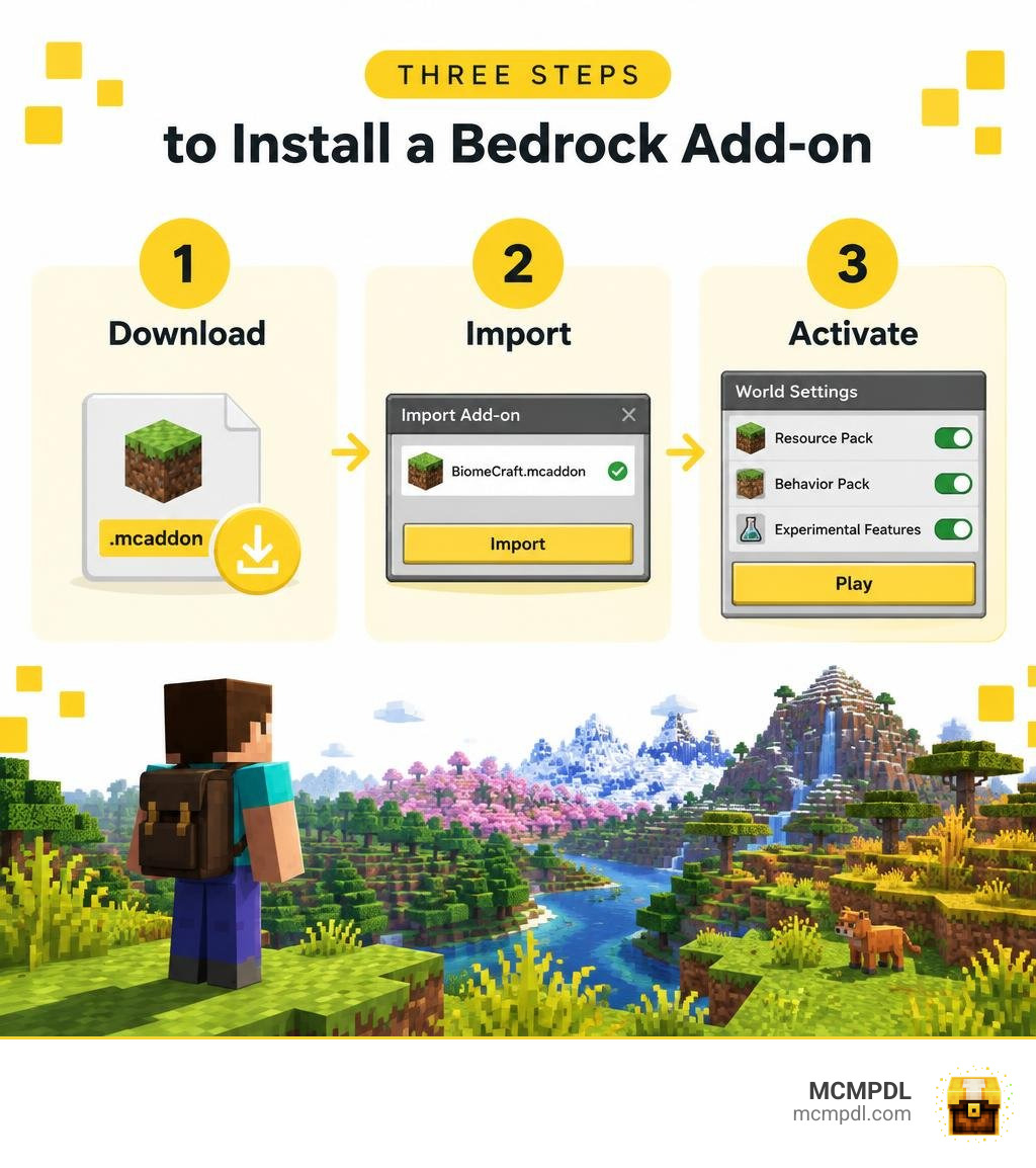 Three steps to install a Bedrock add-on: download, import, and activate its packs infographic