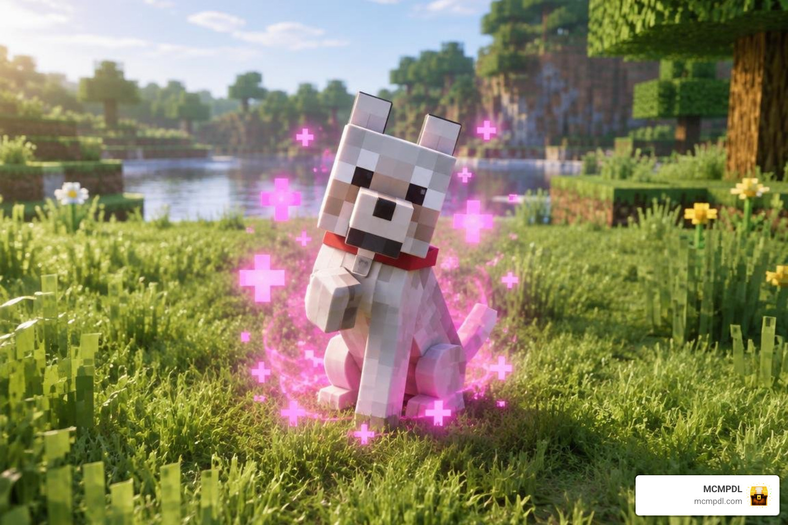 Tamed pet performing a trick and emitting a glowing pink regeneration aura Tamed pet performing a trick and emitting a glowing pink regeneration aura