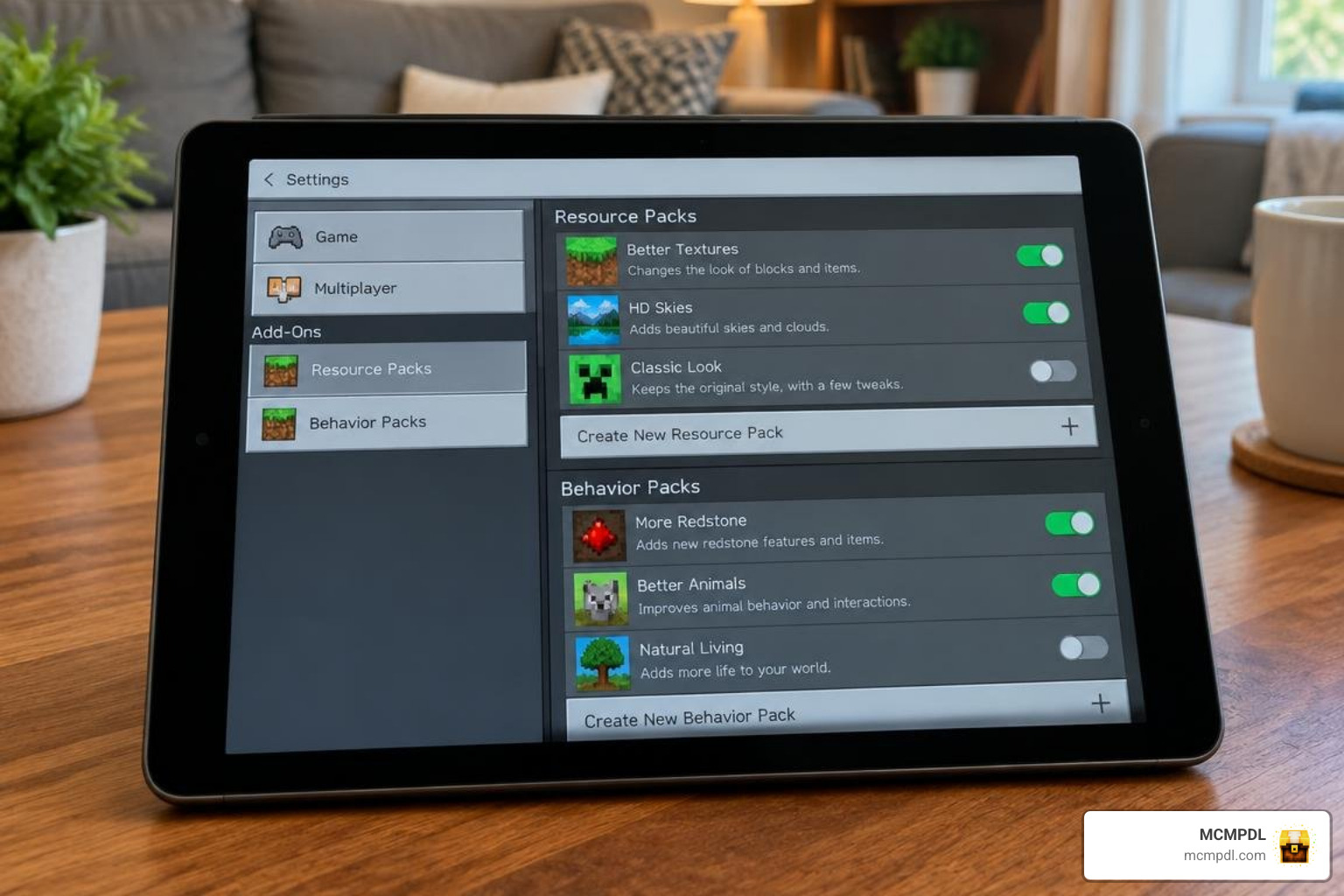 Minecraft Bedrock settings interface showing resource and behavior packs Minecraft Bedrock settings interface showing resource and behavior packs