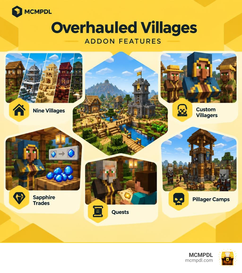 Overhauled Villages features: nine villages, custom villagers, sapphire trades, quests, and pillager camps infographic Overhauled Villages features: nine villages, custom villagers, sapphire trades, quests, and pillager camps infographic