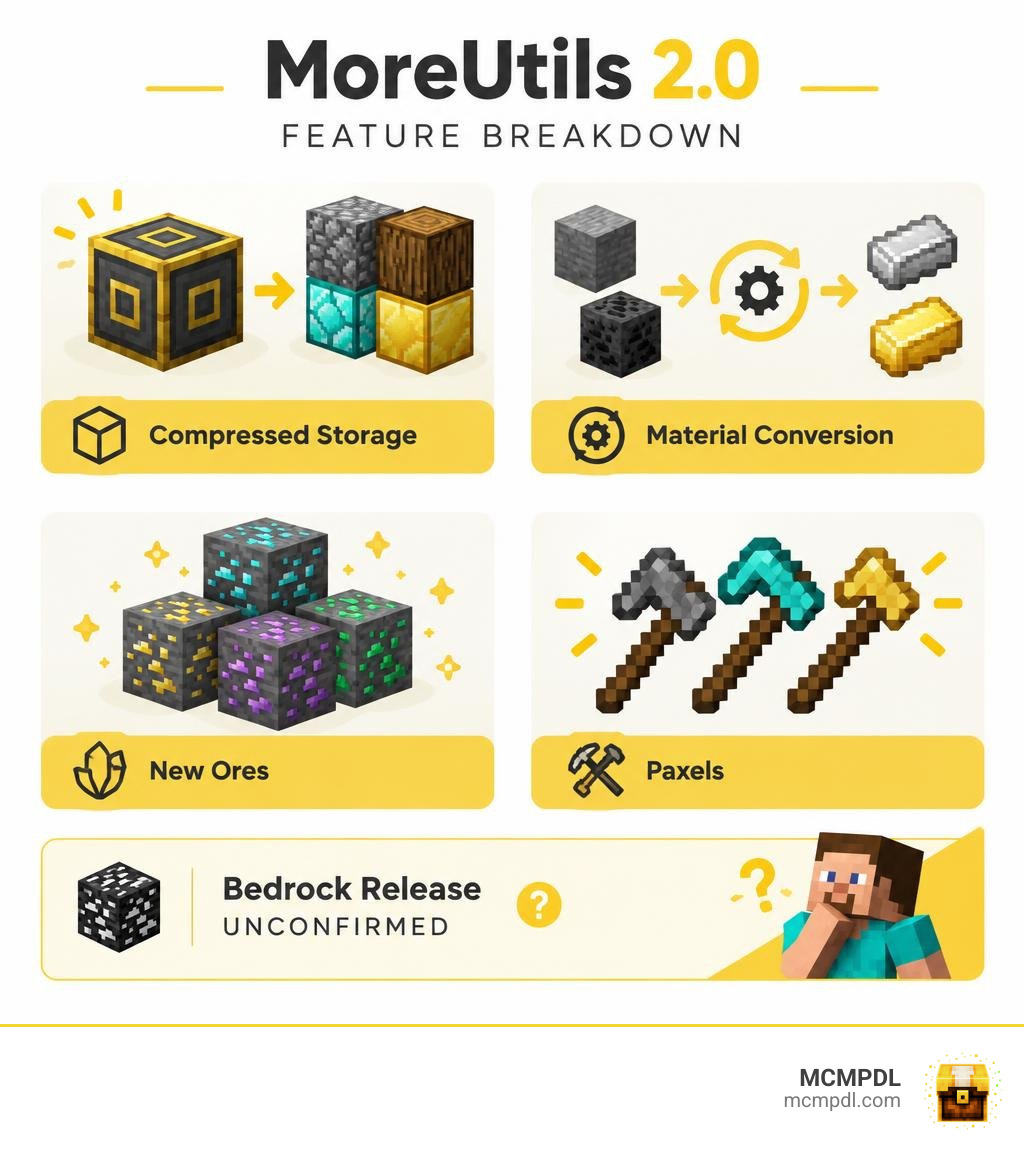 MoreUtils 2.0 feature breakdown: compressed storage, material conversion, new ores, and paxels; Bedrock release unconfirmed