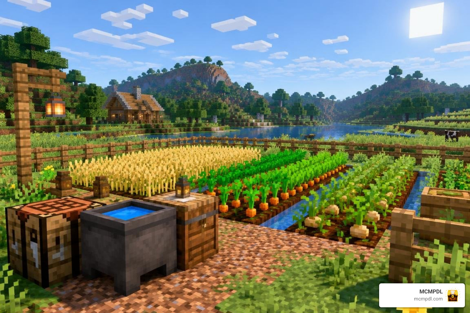 Diverse crop fields and kitchen workstations in Minecraft Bedrock Diverse crop fields and kitchen workstations in Minecraft Bedrock