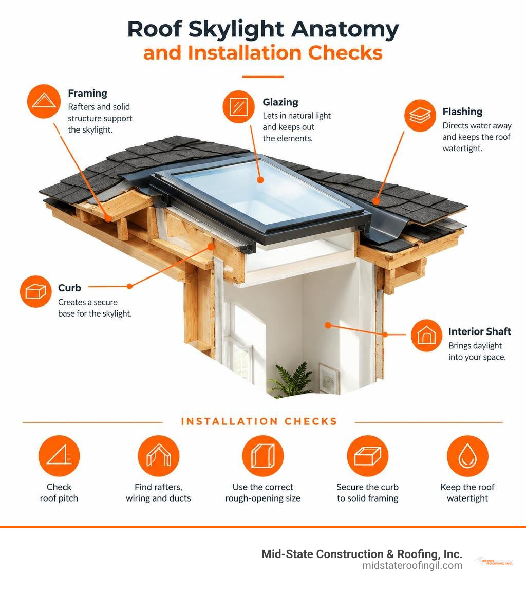 Roof skylight anatomy and installation checks: framing, curb, flashing, glazing, and interior shaft infographic Roof skylight anatomy and installation checks: framing, curb, flashing, glazing, and interior shaft infographic