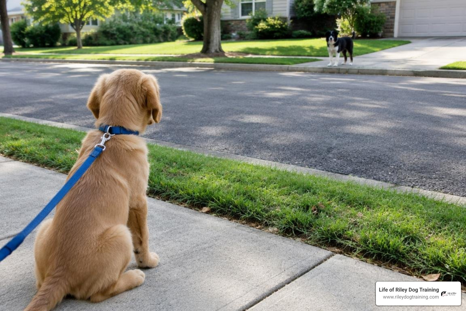 puppy looking at another dog calmly from across the street puppy looking at another dog calmly from across the street