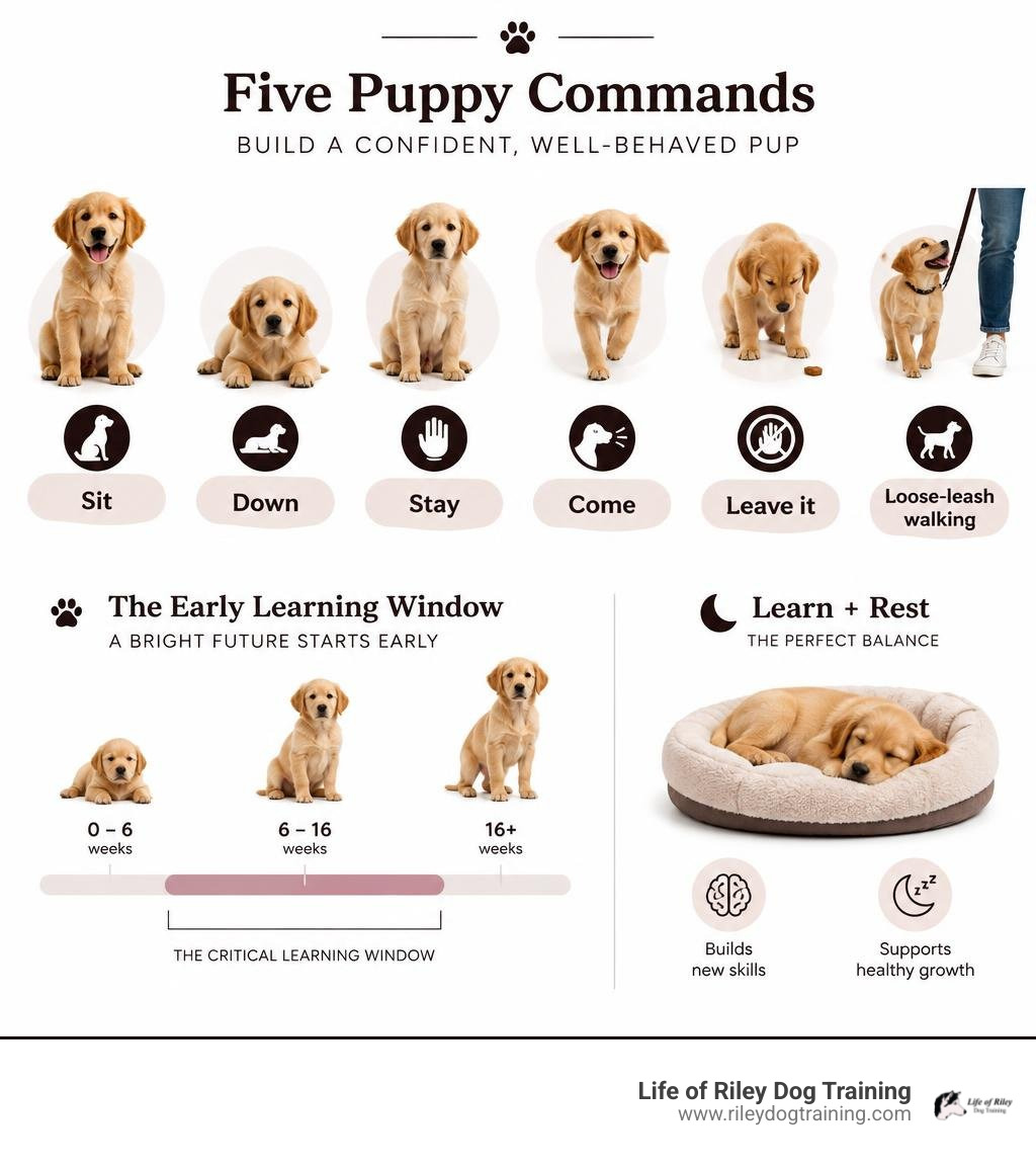 Five puppy commands: sit, down, stay, come, and leave it, plus loose-leash walking infographic Five puppy commands: sit, down, stay, come, and leave it, plus loose-leash walking infographic